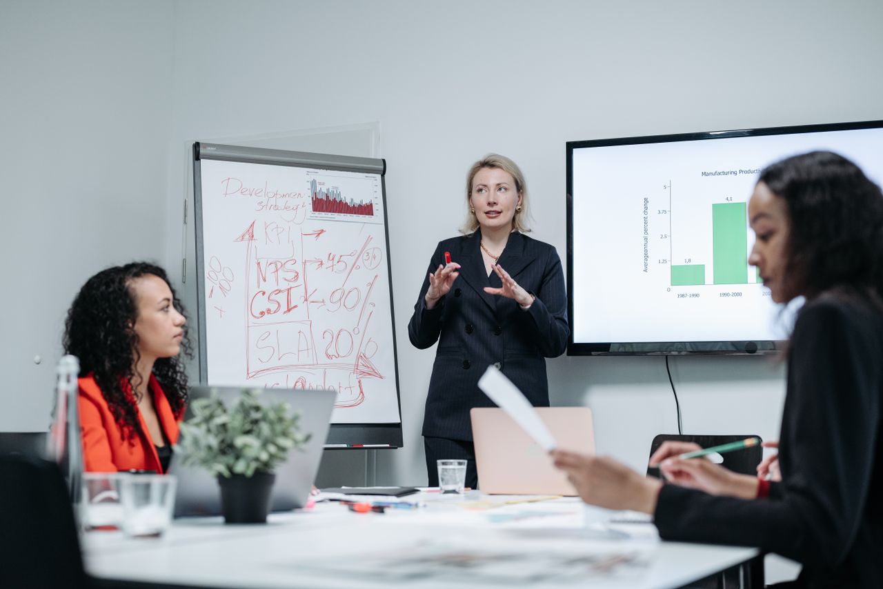 Home Professional business meeting with women discussing strategies and presentation charts.