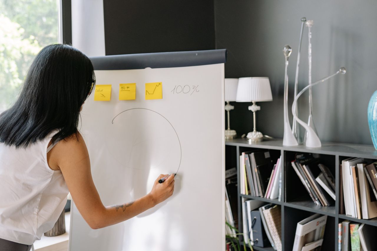 Home Woman planning business strategy on whiteboard in office setting, writing 100% improvement goals.